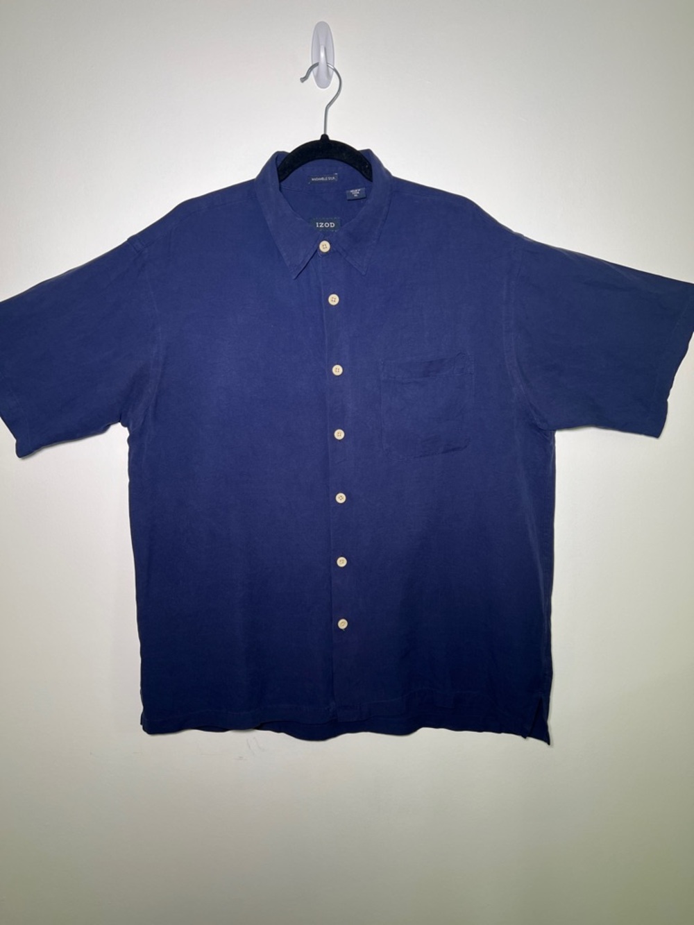 Izod Short-Sleeve 100% Silk (washable) Button-Down Shirt in Navy Blue